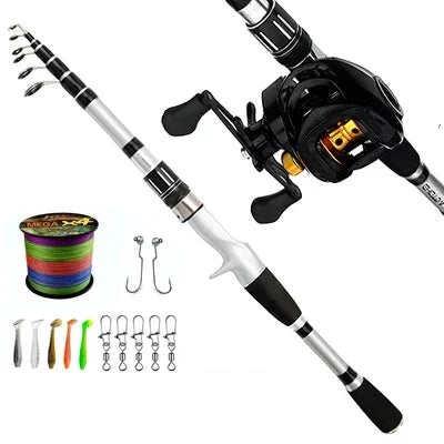 Kit de Pesca EliteFisher – Carretilha 8KG Drag + Vara Telescópica + Kit 150 Piezas de Regalo
