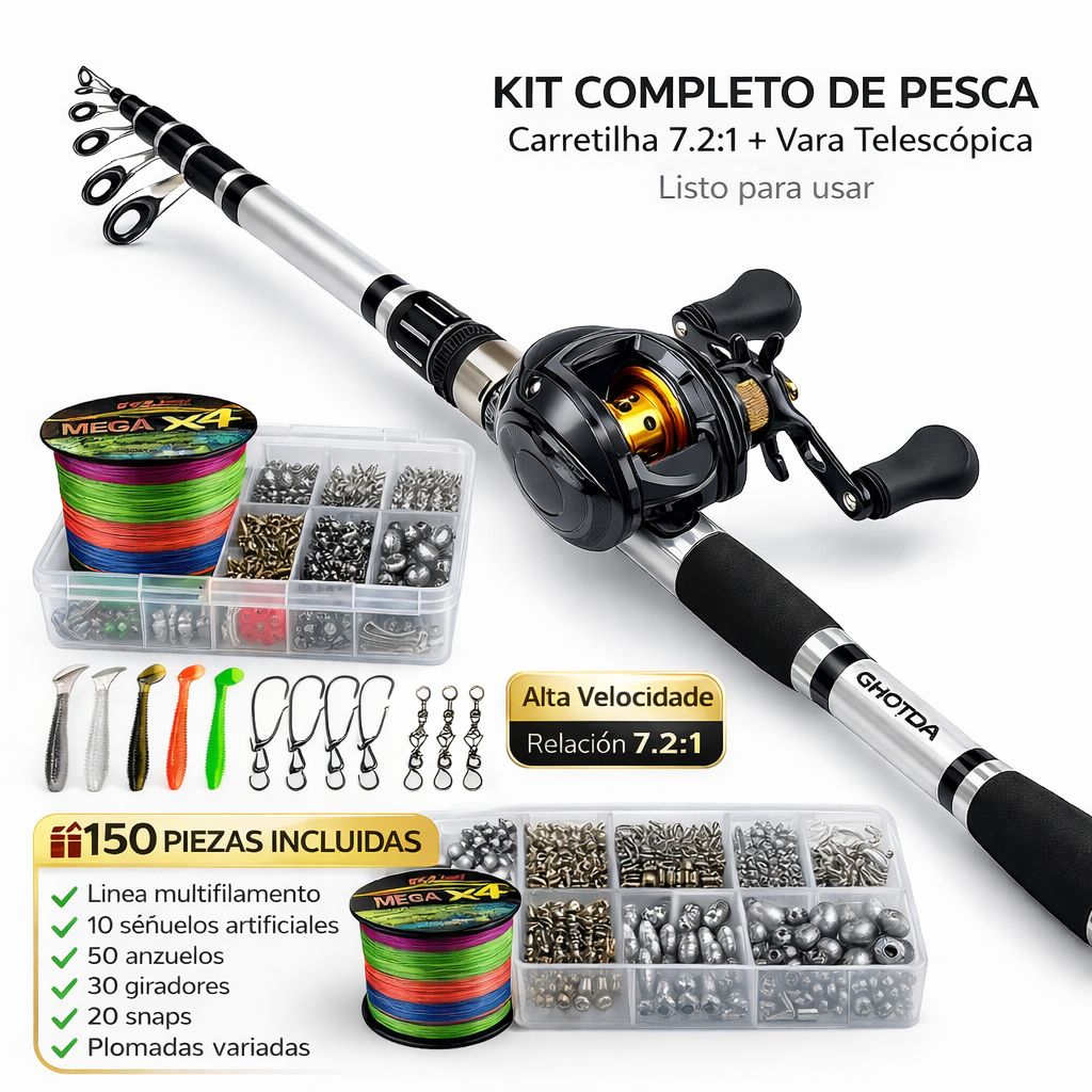 Kit de Pesca EliteFisher – Carretilha 8KG Drag + Vara Telescópica + Kit 150 Piezas de Regalo